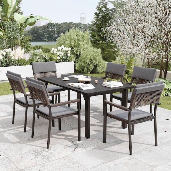 Patio Dining Set Metal Slat Top Table with Woven Wicker Chairs