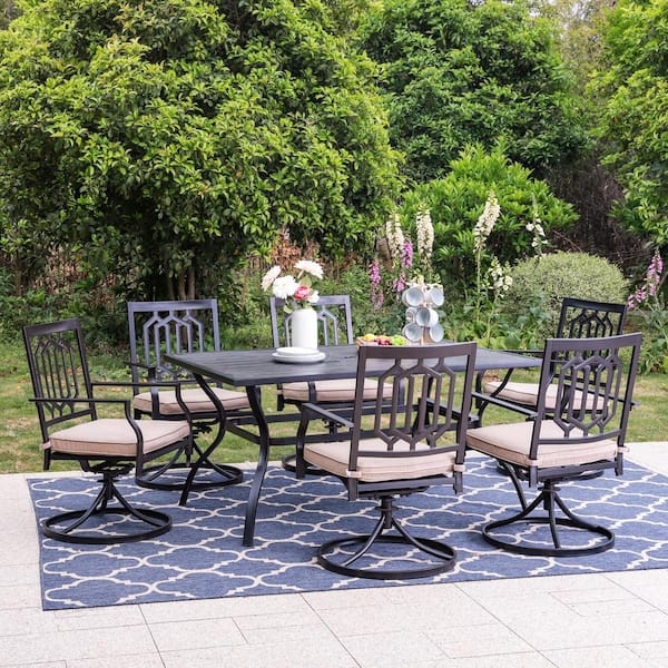 Patio Dining Set: Metal Swivel Chairs with Beige Cushions