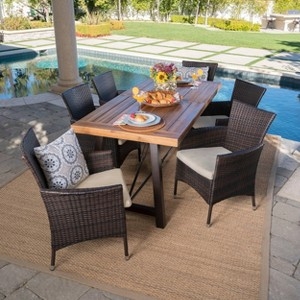 Patio Dining Set Mixed Material Slatted Wood Toned Metal Wicker Accents