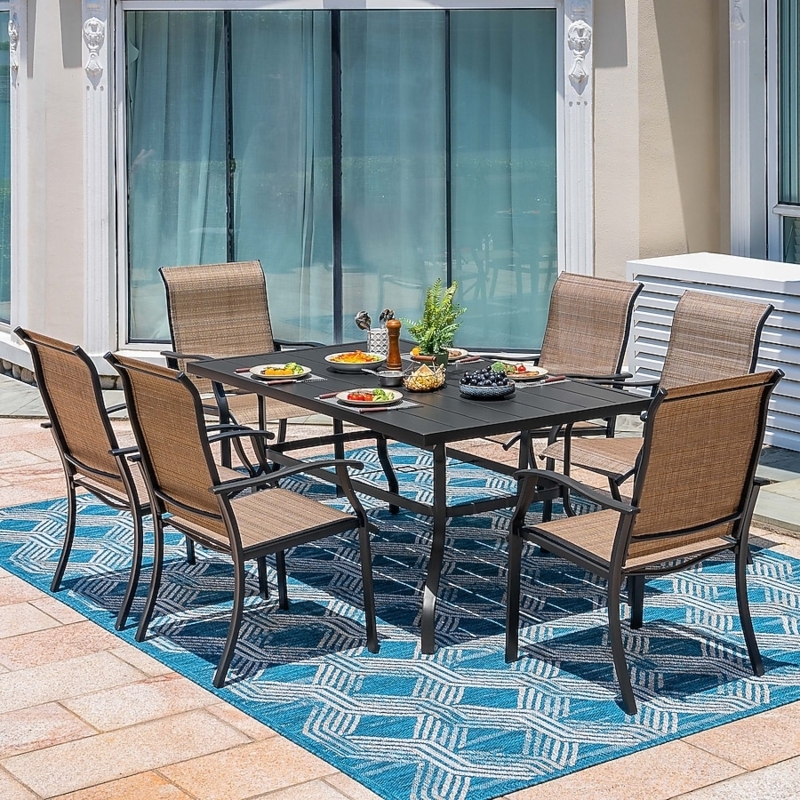 Patio Dining Set, Modern Metal 7-Piece with Brown Sling Seating.