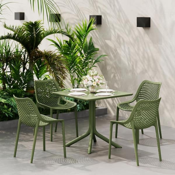 Patio Dining Set Olive Green All Weather Resin Slatted Square Table