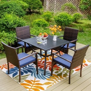 Patio Dining Set, PE Rattan 5-Piece with Square Slat Top Table.