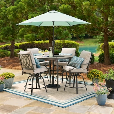 Patio Dining Set Poolside Round Lattice Table Black Metal Beige Seat