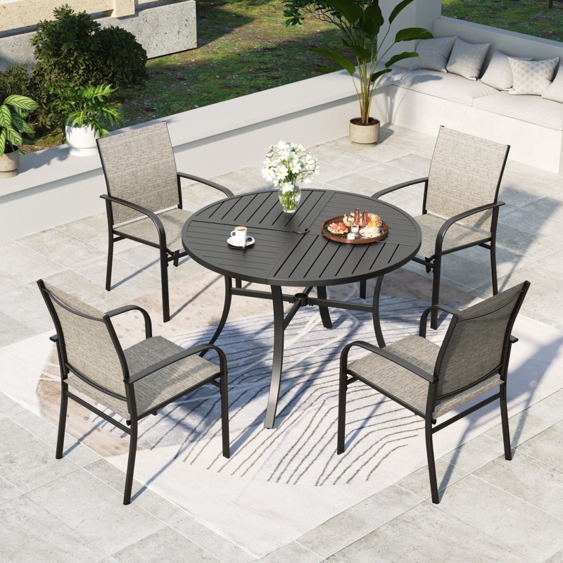 Patio Dining Set: Red Mesh High-Back Chairs, Round Metal Table.