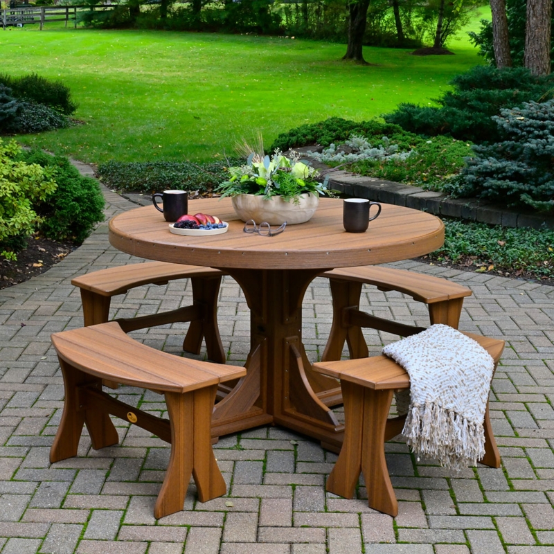 Patio Dining Set: Round Wood Toned Pedestal Table, Curved Benches.