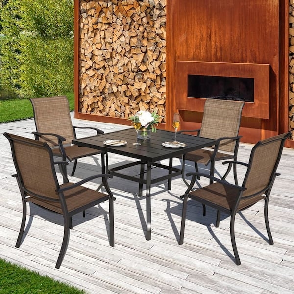 Patio Dining Set: Slatted Surface, Black Metal, Slatted Dining Table