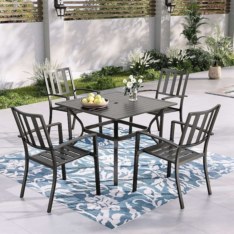 Patio Dining Set, Slatted Tabletop & Stackable Seating, Metal Construction