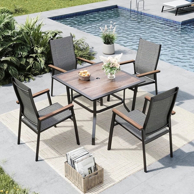 Patio Dining Set, Sling Chair Outdoor Dining Set, Wood Toned Armrests