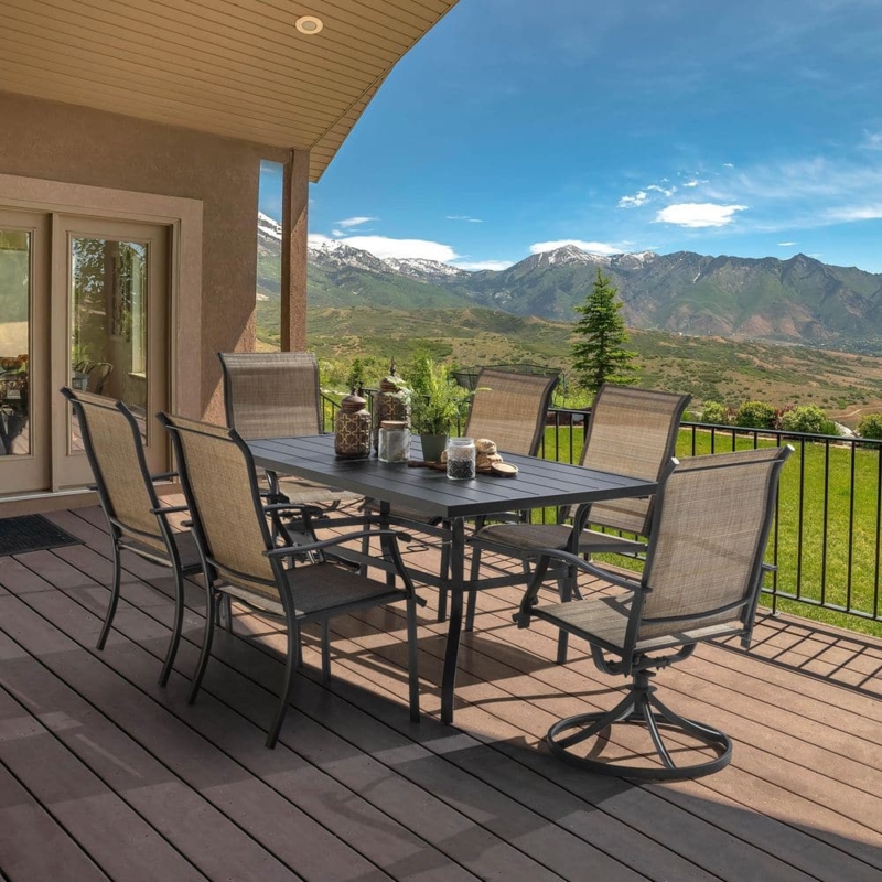 Patio Dining Set Sling Fabric Swivel Chairs Brown Metal 7 Piece Tan