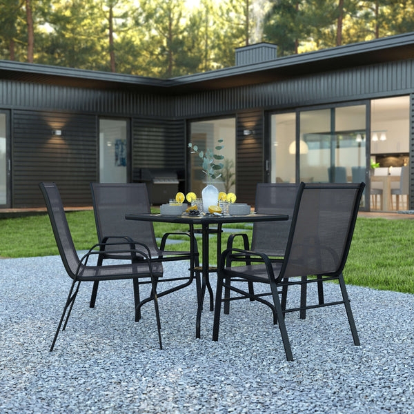 Patio Dining Set: Square Tempered Glass Top Table, Mesh Chairs.