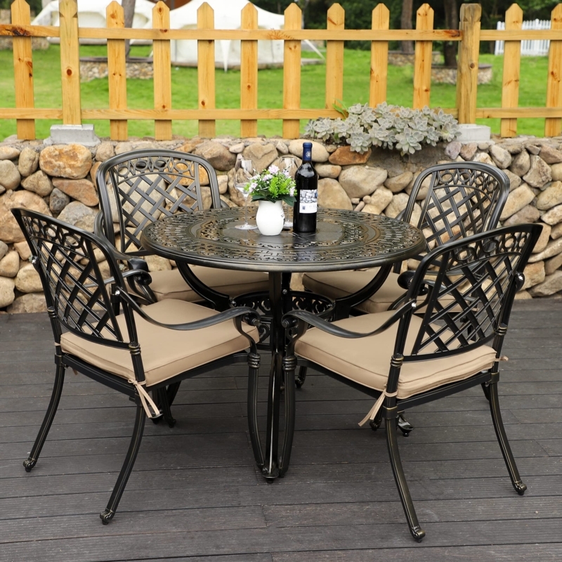 Patio Dining Set Traditional Cast Aluminum Scrollwork with Lattice Top