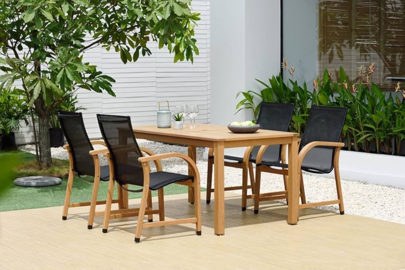 Patio Dining Set with Black Mesh Contrast, Wood Armrest Accents
