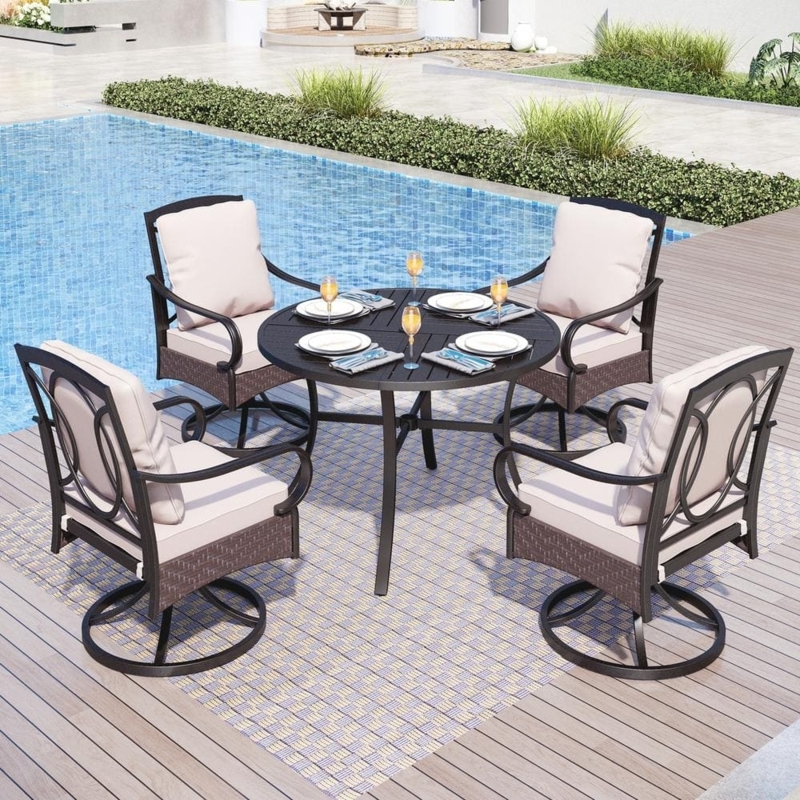 Patio Dining Set with Cushions, Round Bronze Lattice Table, Swivel Chairs.