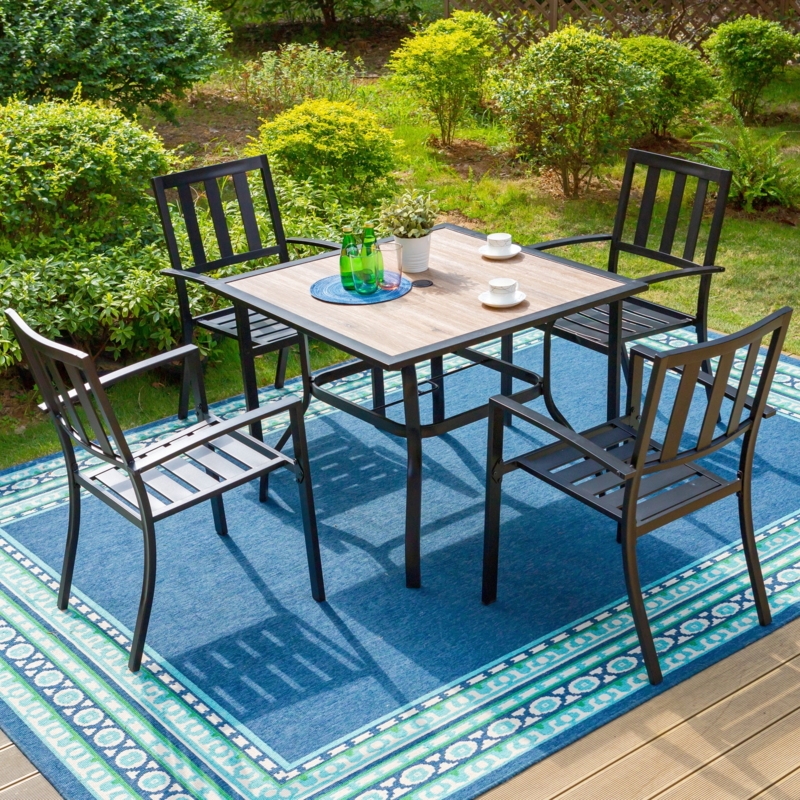 Patio Dining Set with Faux Wood Table Top and Vertical Slat Chairs
