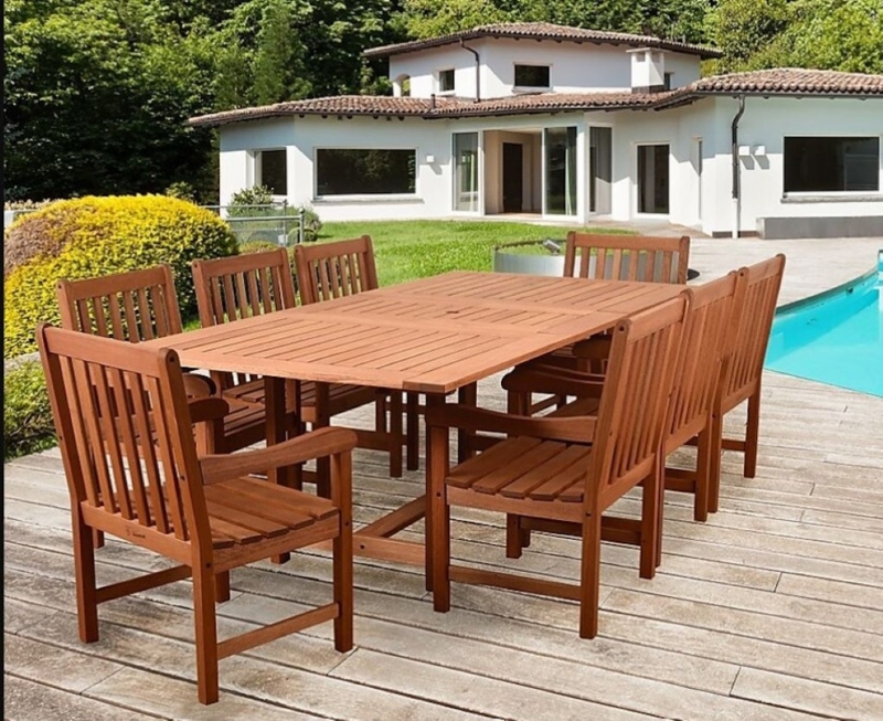 Patio Dining Set with Gray Cushions, Nine-Piece Table Arrangement