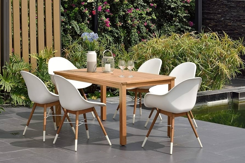 Patio Dining Set with Mixed Material Contrast, Modern White Chairs
