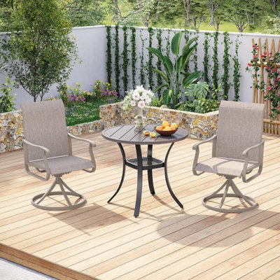 Patio Dining Set with Swivel Base Wood Toned Top Compact Outdoor Swivel Bistro Set