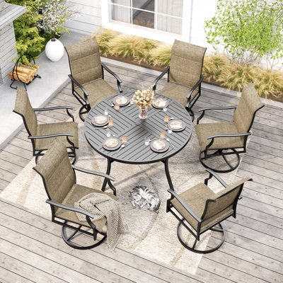 Patio Dining Set with Swivel Chairs, Round Mesh Top, Traditional Style.