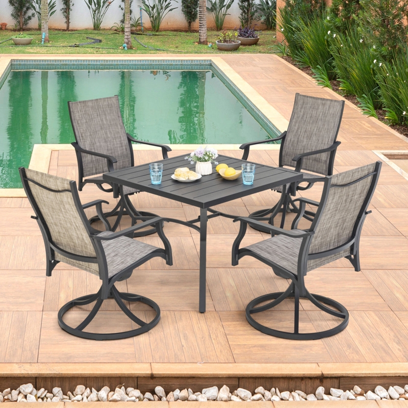 Patio Dining Set Wood Toned Slat Table Gray Mesh Swivel Chairs