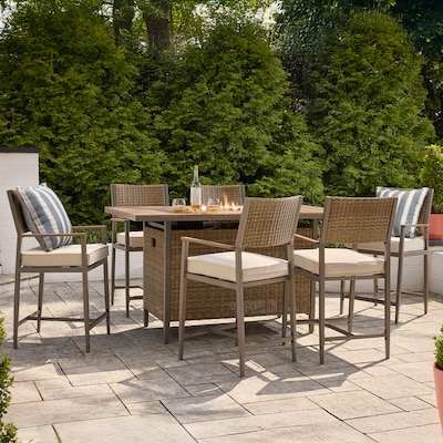 Patio Dining Set Wood Toned Slat Top Woven Mesh Chairs Grey Cushions
