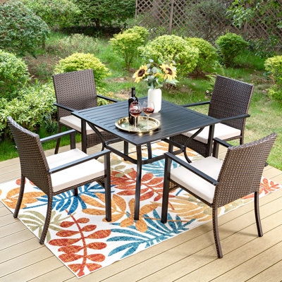 Patio Dining Set: Wood-Toned Square Slatted Table, Slat-Back.