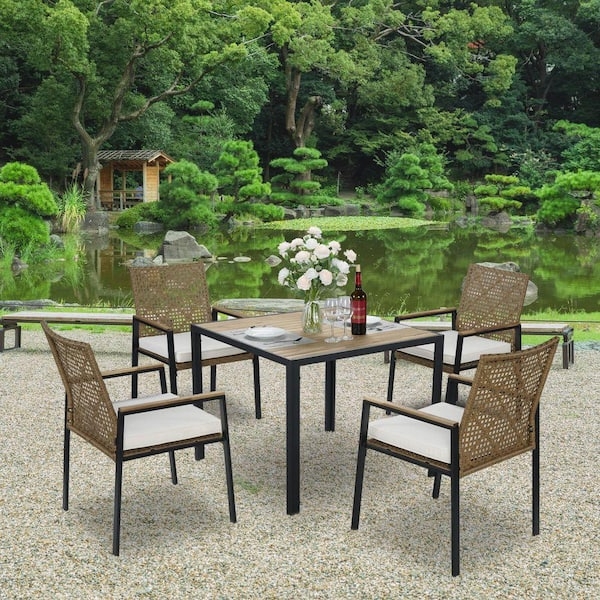 Patio Dining Set Woven Table Base Round Wood Top Grey Woven Chairs