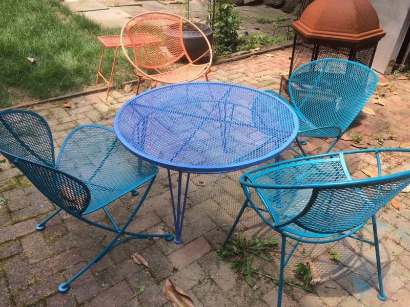 Patio Dining Set Wrought Iron with Shell Back and Glass Top Table
