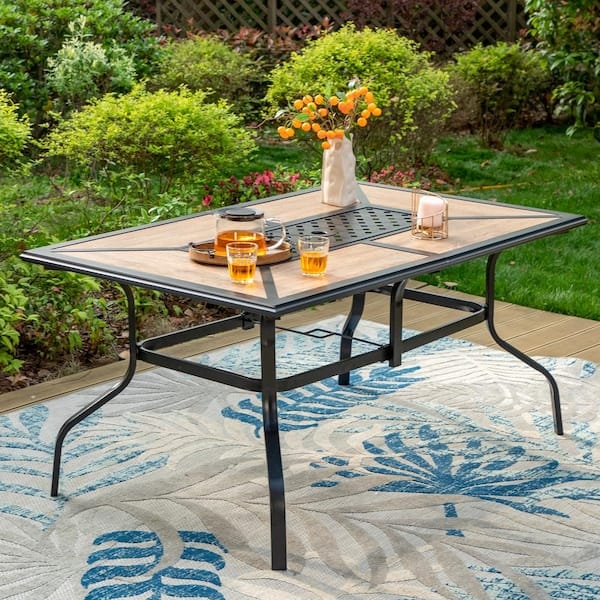 Patio Dining Table Black Metal Rectangle with Wood-Look Slatted Top