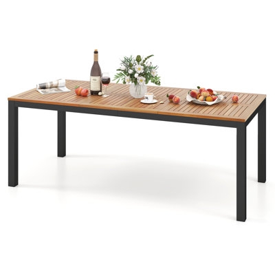 Patio Dining Table, Large Rectangular, Wood Slatted Top, Sled Base, Industrial Style