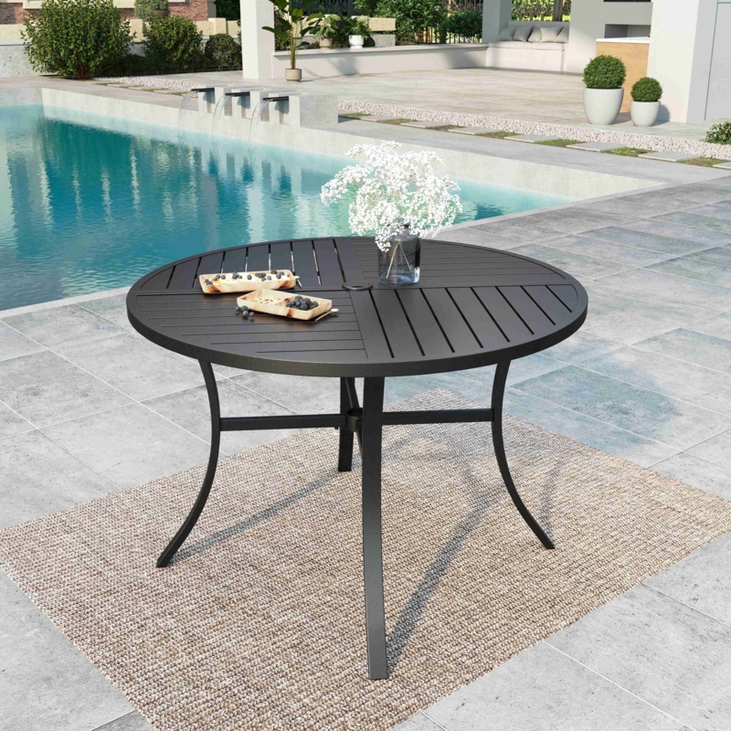 Patio Dining Table: Minimalist Black Metal Round Slatted Top with Hole.