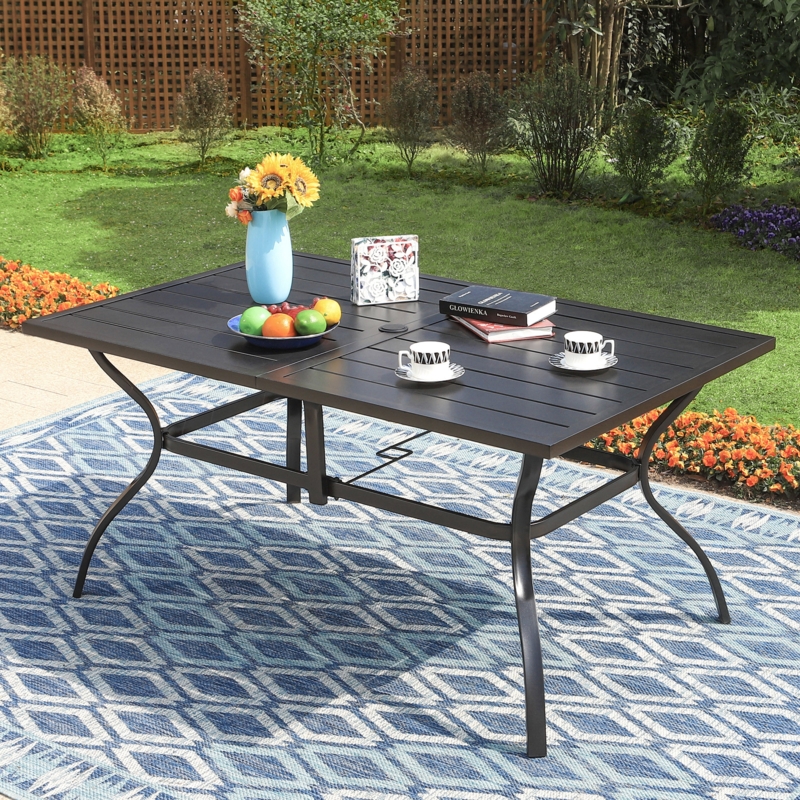 Patio Dining Table, Minimalist Black Metal with Slatted Top & Umbrella Hole.