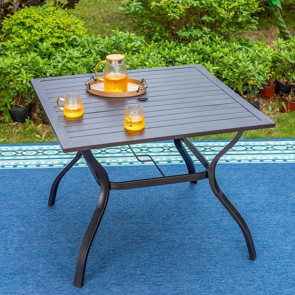 Patio Dining Table Modern Black Metal Slatted Top with Umbrella Hole