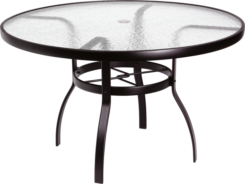 Patio Dining Table: Round Obscure Glass Top, Dark Metal, Umbrella Hole.