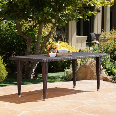 Patio Dining Table, Woven Wicker Base, Wood-Toned Slatted Top, Coastal Style