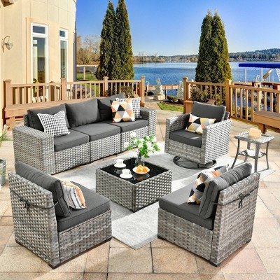 Patio Furniture Set 10-Piece Gray Wicker with Dual Coffee Tables