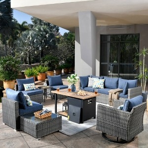 Patio Furniture Set 10-Piece Wicker with Integrated Gas Fire Pit