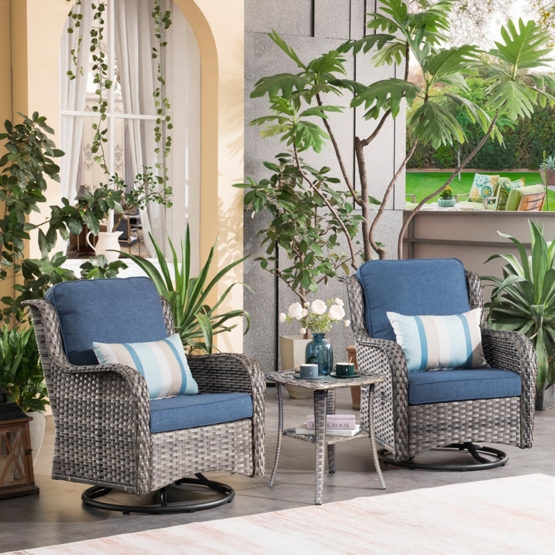 Patio Furniture Set 3-Piece Swivel Barrel Chairs Denim Blue Fabric