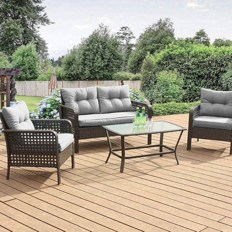 Patio Furniture Set 4-Piece Charcoal Wicker with Tempered Glass Top