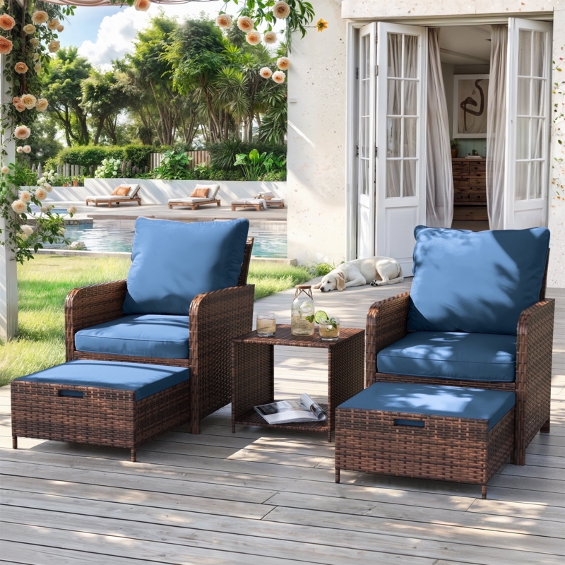 Patio Furniture Set 5-Piece Wicker with Ottomans and Diamond Weave