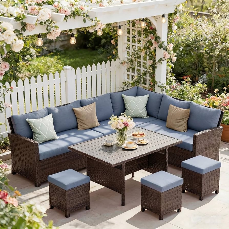 Patio Furniture Set 7-Piece Curved Wicker Sectional with Navy Cushions