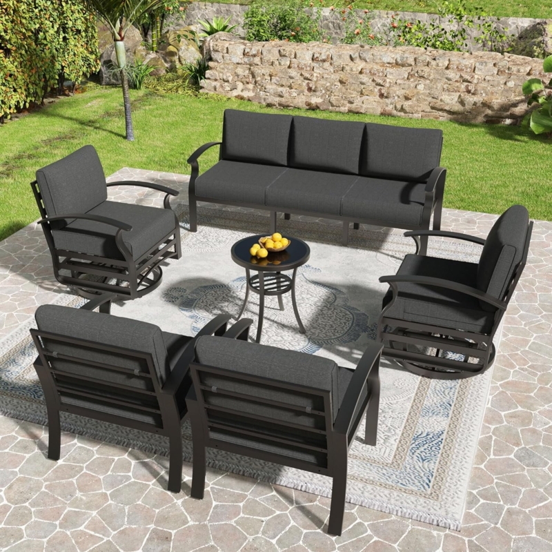Patio Furniture Set: 7-Seat Sectional with Swivel Armchairs