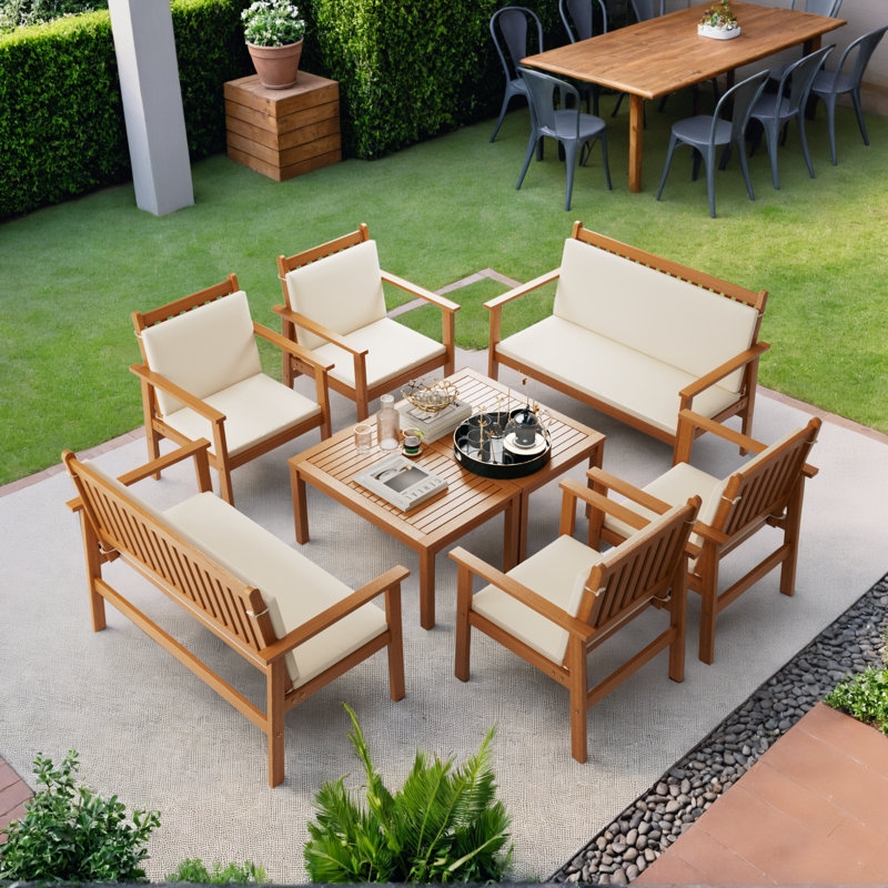 Patio Furniture Set: 8 Person Capacity, Acacia Wood Look & Poolside Lifestyle