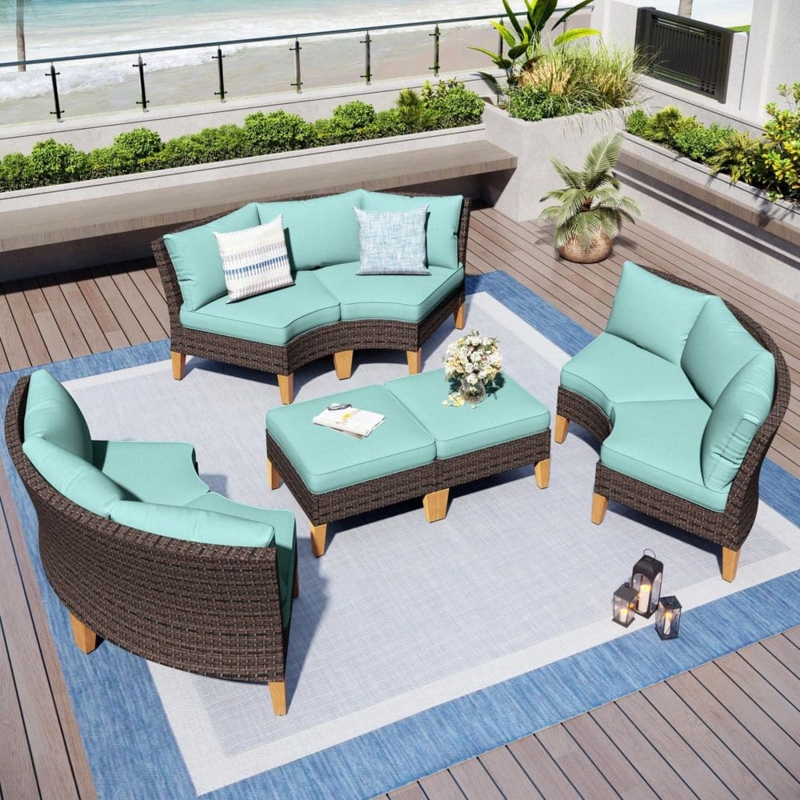 Patio Furniture Set 8-Piece Integrated Fire Table Navy Blue Wicker