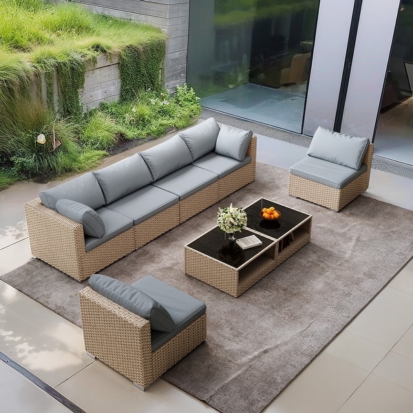 Patio Furniture Set 8-Piece Slatted Wood Frames Grey Cushion Outdoor Lounge