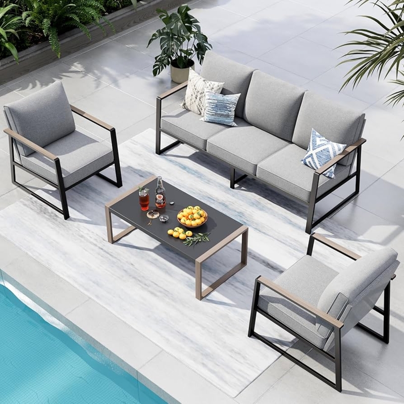 Patio Furniture Set Black Boxy Metal Frame Slat Top Coffee Table