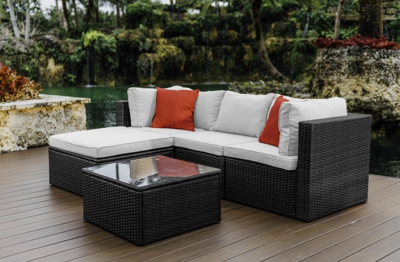 Patio Furniture Set Black Rattan Modular with Off-White Cushions
