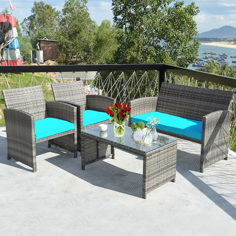 Patio Furniture Set: Black Rattan Weave with Turquoise Cushions
