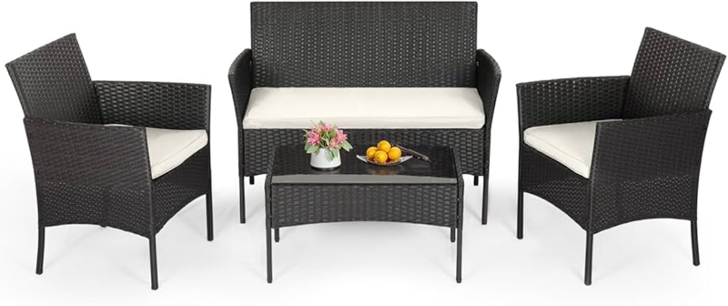 Patio Furniture Set Black Wicker Four Piece Modern Outdoor Seating Group