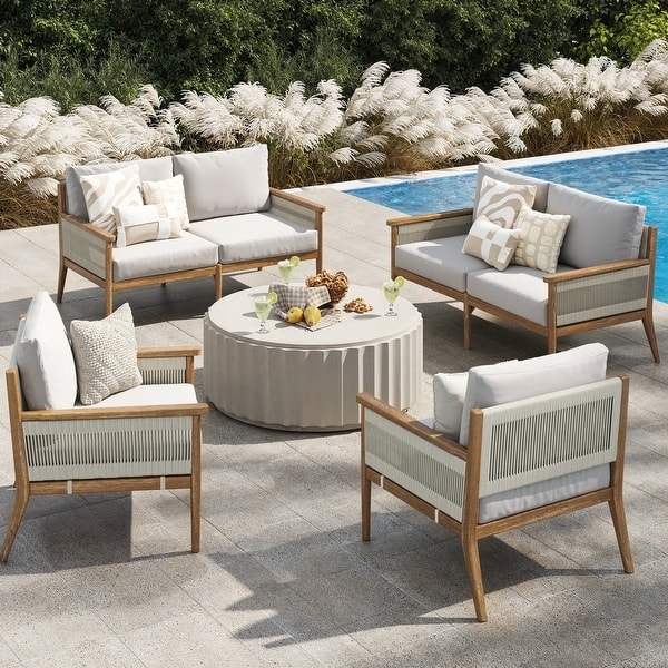Patio Furniture Set: Bohemian Wood Geometric Latticework Navy Cushions