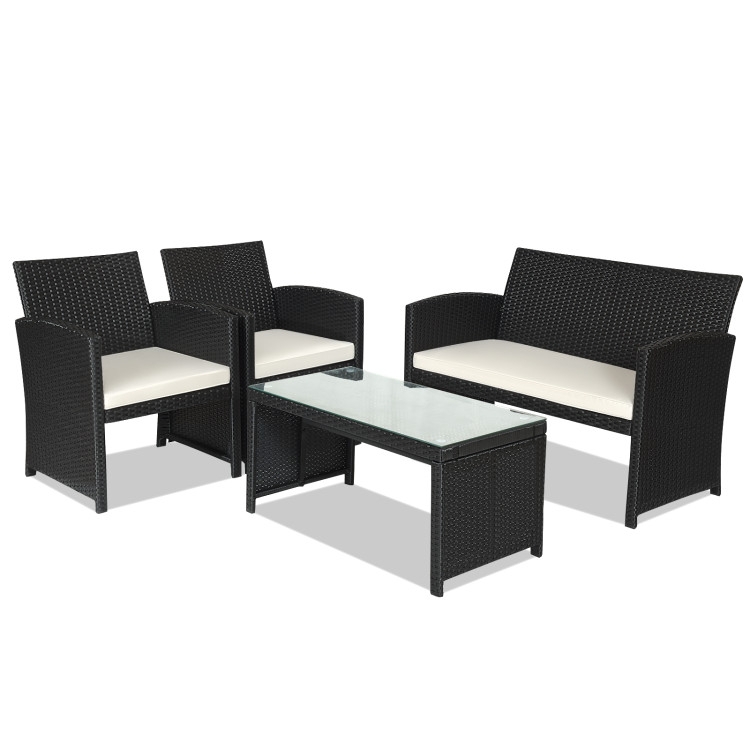 Patio Furniture Set Brown Rattan Navy Cushions Storage Table